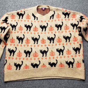 Vince Camuto Black Cat Pumpkin Sweater Tan Women’s Size L Fall Autumn